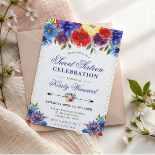 Red and Blue Summer Boho Flowers Sweet Sixteen Invitation