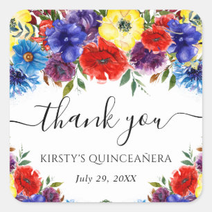 Red and Blue Summer Flower Quinceanera Square Sticker