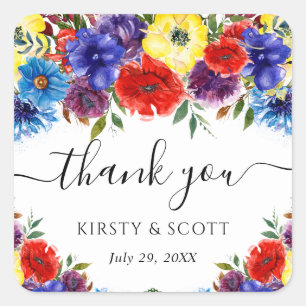 Red and Blue Summer Flower Wedding Square Sticker