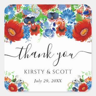 Red and Blue Summer Flower Wedding Square Sticker