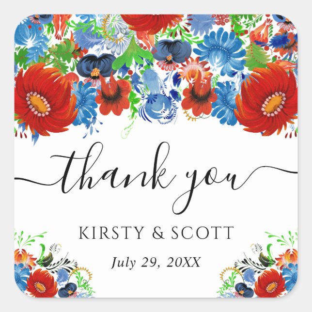 Red and Blue Summer Flower Wedding Square Sticker (Front)