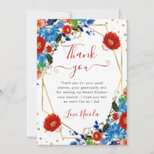 Red and Blue Summer Flowers Frame Sweet 16 Thank You Card