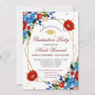 Red and Blue Summer Flowers Graduation Invitation