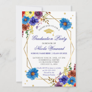Red and Blue Summer Flowers Graduation Invitation