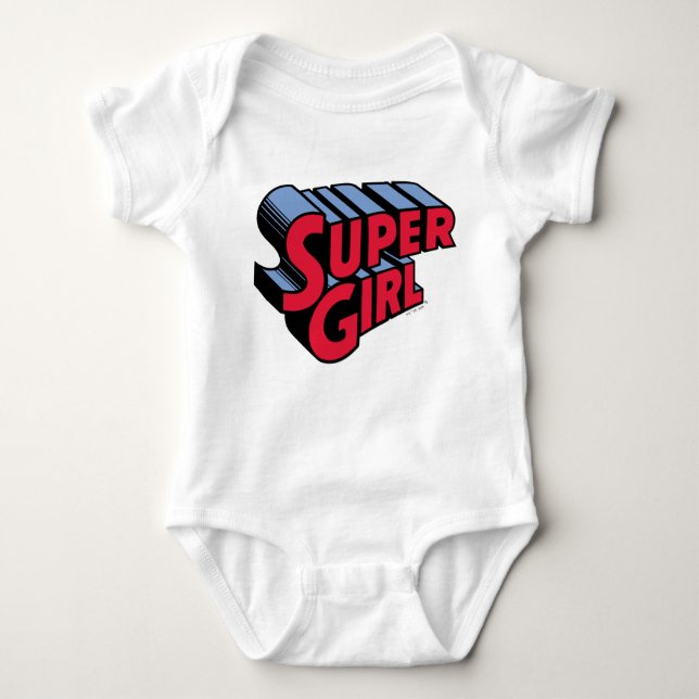 Red and Blue Supergirl Stacked Name Logo Baby Bodysuit (Front)