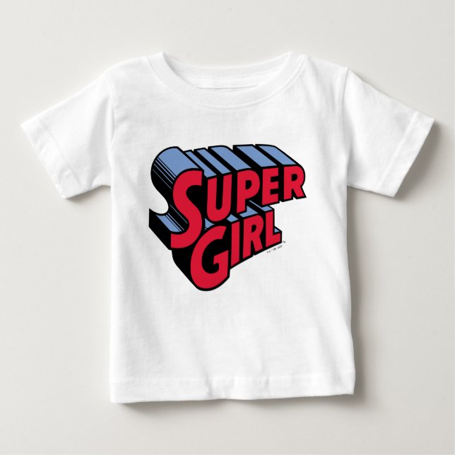 Red and Blue Supergirl Stacked Name Logo Baby T-Shirt (Front)