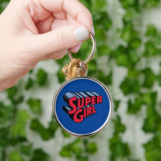 Red and Blue Supergirl Stacked Name Logo Key Ring (Hand)