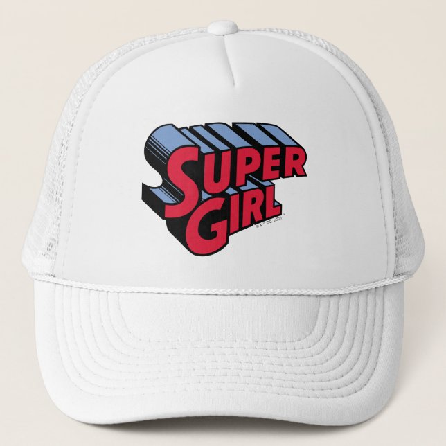 Red and Blue Supergirl Stacked Name Logo Trucker Hat (Front)