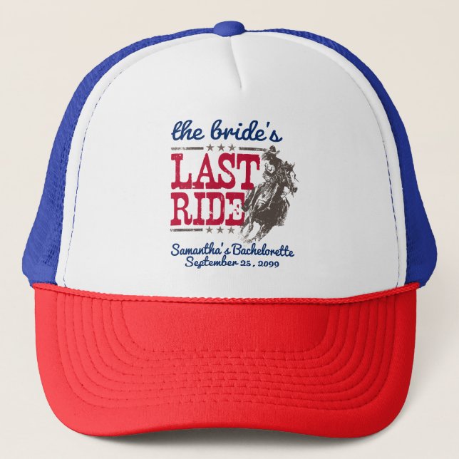 Red and Blue The Bride's Last Ride Trucker Hat (Front)