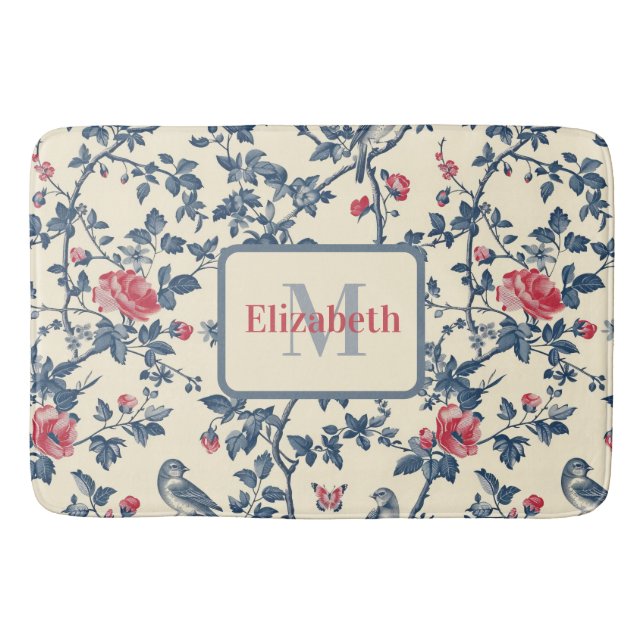    Red and Blue Toile de Jouy Personalised Bath Mat (Front)