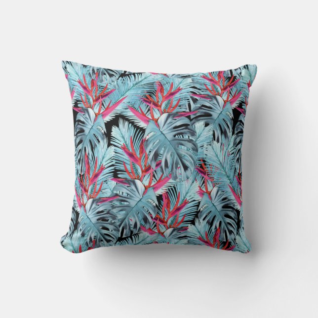 Red and blue tropical plants cushion (Front)