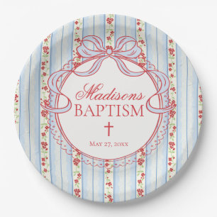 Red and Blue Vintage Fancy Floral Baptism Paper Plate