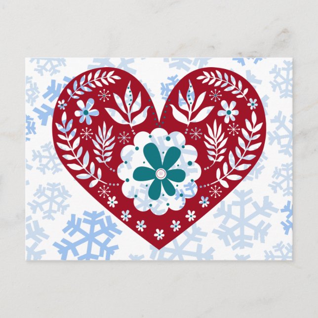 Red and Blue Vintage Heart Holiday Winter Postcard (Front)