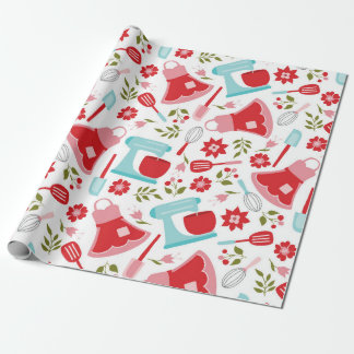 Red and Blue Vintage Kitchen Pattern Wrapping Paper
