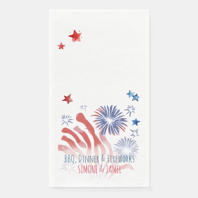 Red and Blue Watercolor Fireworks on White Napkin (Front)