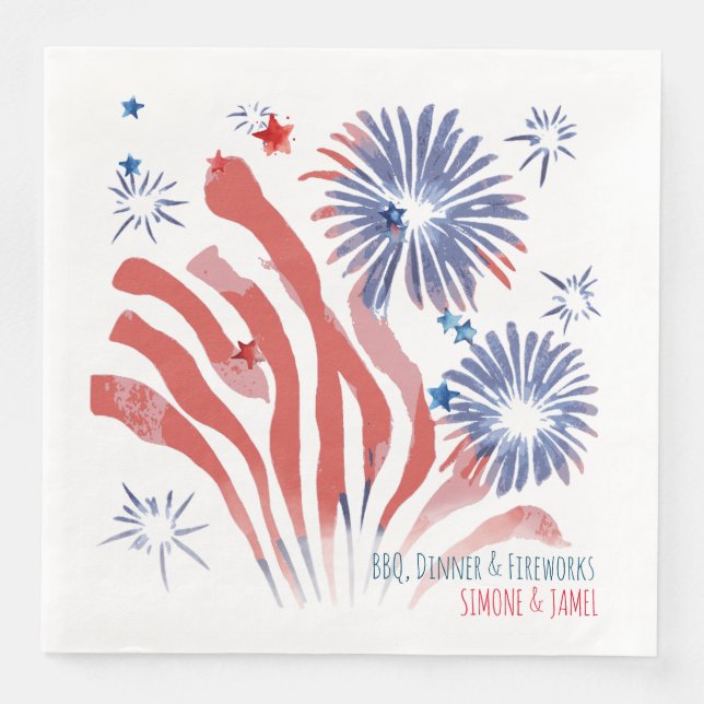 Red and Blue Watercolor Fireworks on White Napkin (Front)