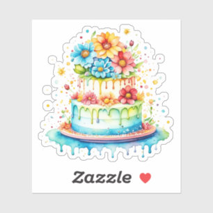 Red and Blue Whimsical Birthday Cake Watercolor 