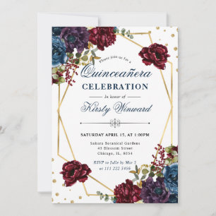 Red and Blue Winter Flowers and Frame Quinceanera Invitation