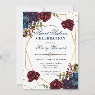 Red and Blue Winter Flowers and Frame Sweet 16 Invitation
