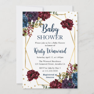 Red and Blue Winter Flowers Frame Baby Shower Invitation