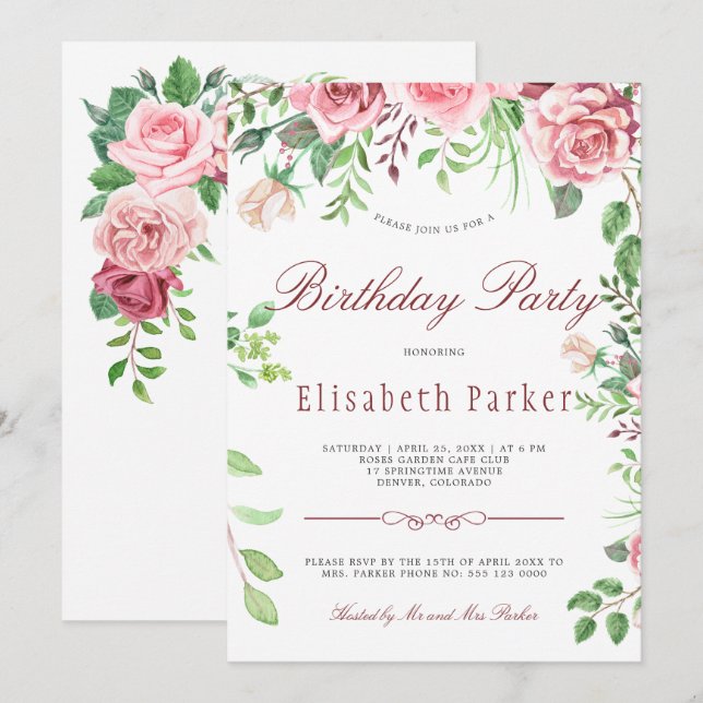 Red and Blush Pink Roses Garden Birthday Party Invitation (Front/Back)