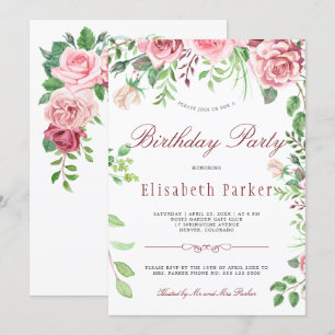 Red and Blush Pink Roses Garden Birthday Party Invitation