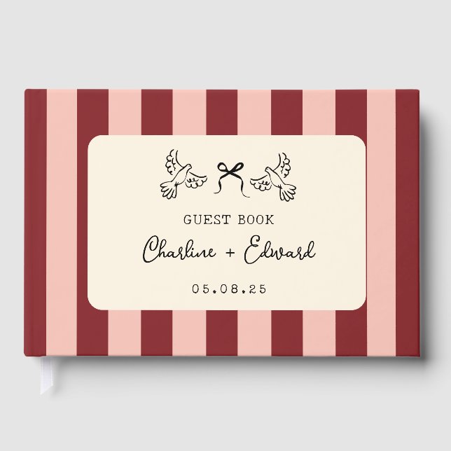 Red and Blush Pink Striped Wedding  Guest Book (Front)