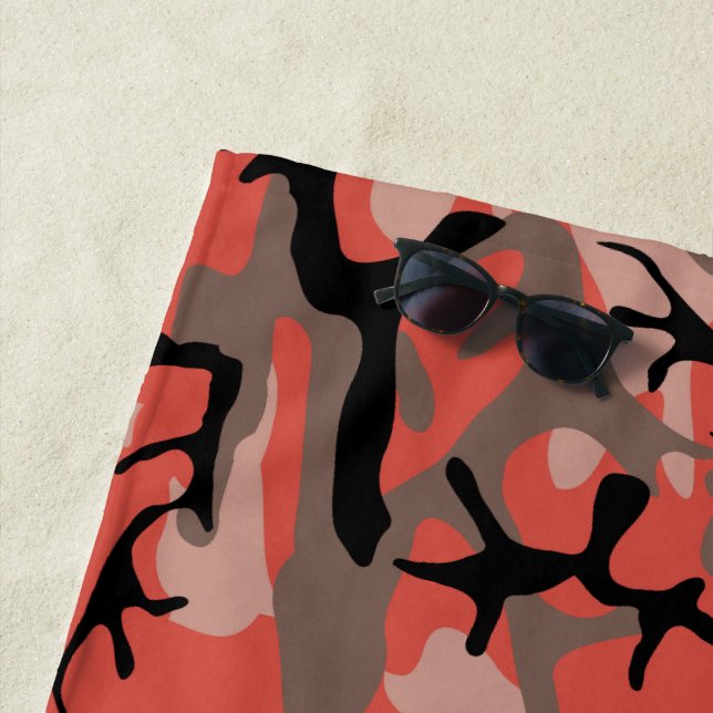 Red and Brown Camouflage, Military, Army Beach Towel (In Situ)