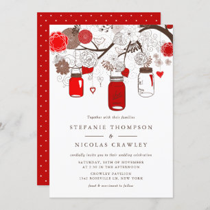 Red and Brown Mason Jars Floral Wedding Invitation