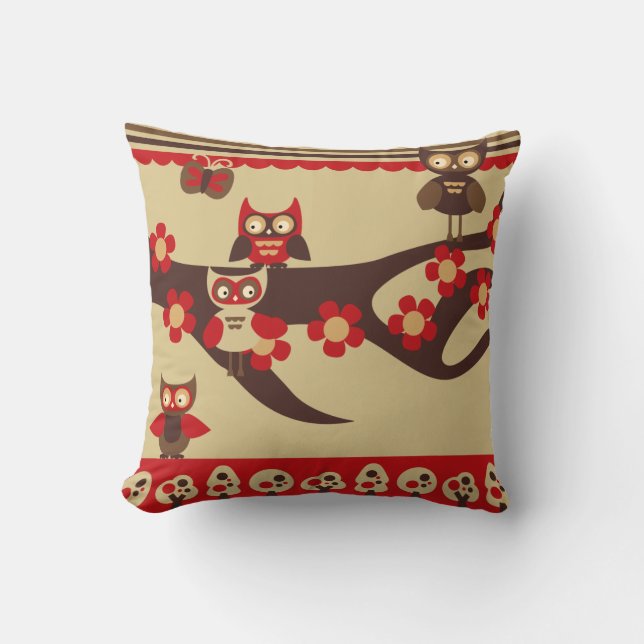 Red and Brown Owls Pillow (Front)