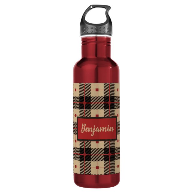 Red and Brown Plaid  710 Ml Water Bottle (Front)