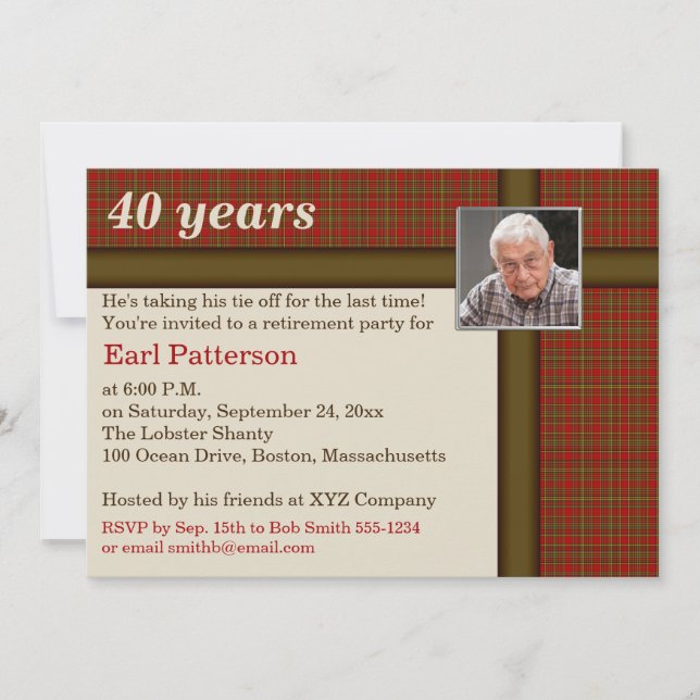 Red and Brown Plaid, Retirement Invitation (Front)