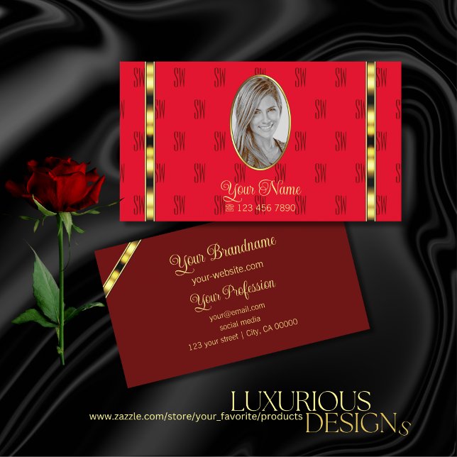 Red and Burgundy Chic with Photo Patterned Letters Business Card (Creator Uploaded)
