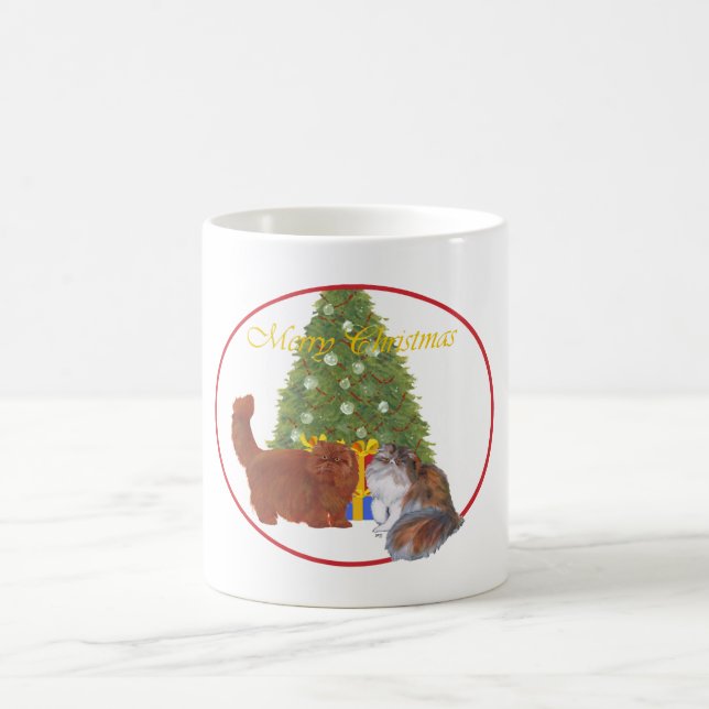Red and Calico Persian Cats Christmas Coffee Mug (Center)