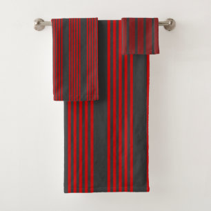 Red and charcoal five stripe pattern bath towel set