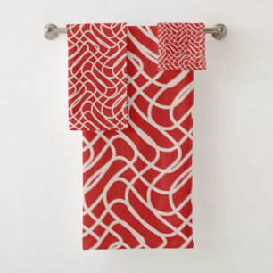Red And Cream Abstract Line Pattern Bath Towel Set