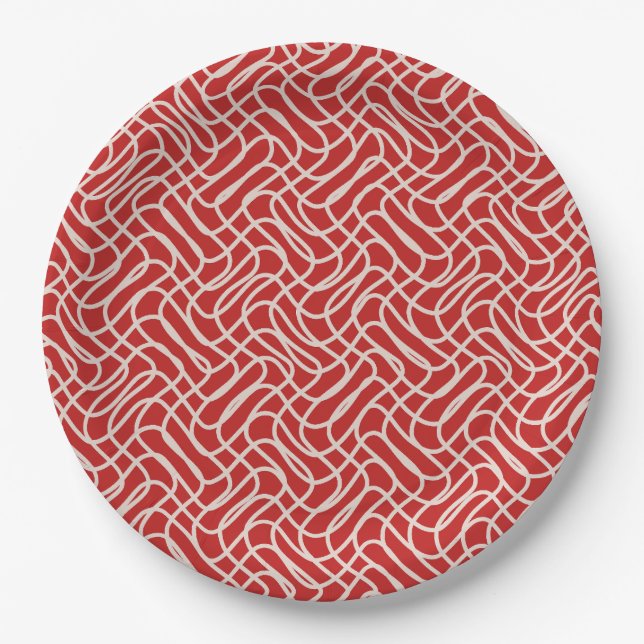 Red And Cream Abstract Line Pattern Paper Plate (Front)