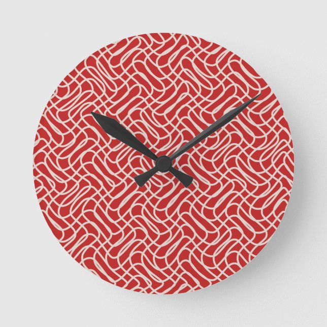 Red And Cream Abstract Line Pattern Round Clock (Front)