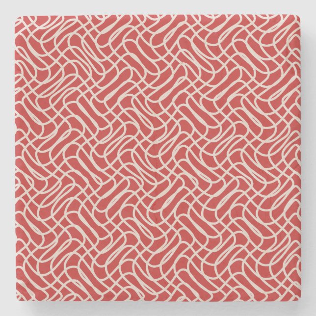 Red And Cream Abstract Line Pattern Stone Coaster (Front)