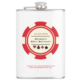 Red and Cream Casino Poker Chip Vegas Birthday Hip Flask