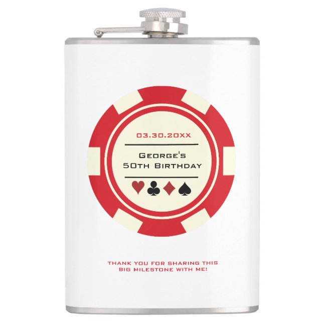 Red and Cream Casino Poker Chip Vegas Birthday Hip Flask (Front)