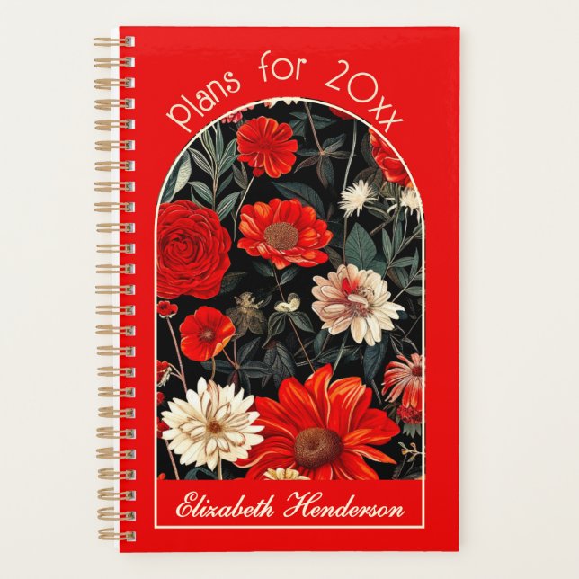 Red and Cream Dark Floral Small Planner (Front)