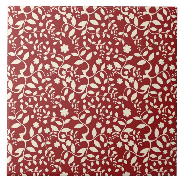 Red and Cream Floral Ceramic Tile (Front)