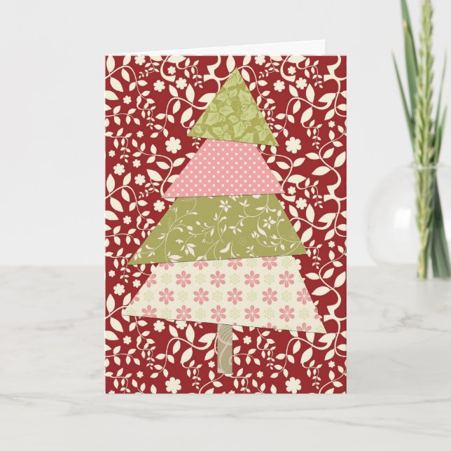 Red and Cream Floral Christmas Tree Holiday Card (Front)