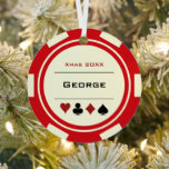 Red and Cream Las Vegas Poker Chip Christmas Metal Tree Decoration<br><div class="desc">Looking for a gift for your favourite gambler? Give them this fun red and cream white casino poker chip Christmas ornament. Personalise it with their name and year for an extra personal touch!</div>