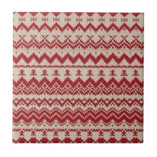 Red and Cream Nordic Knit Reindeer Ceramic Tile