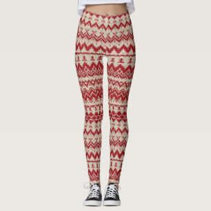 Red and Cream Nordic Knit Reindeer Leggings