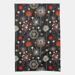 Red and Cream on Black Festive Retro Tea Towel