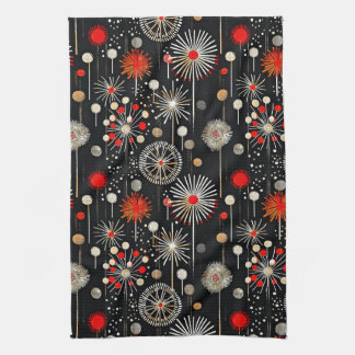 Red and Cream on Black Festive Retro Tea Towel