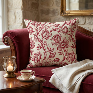 Red and Cream Tulips Toile de Jouy Throw Pillow